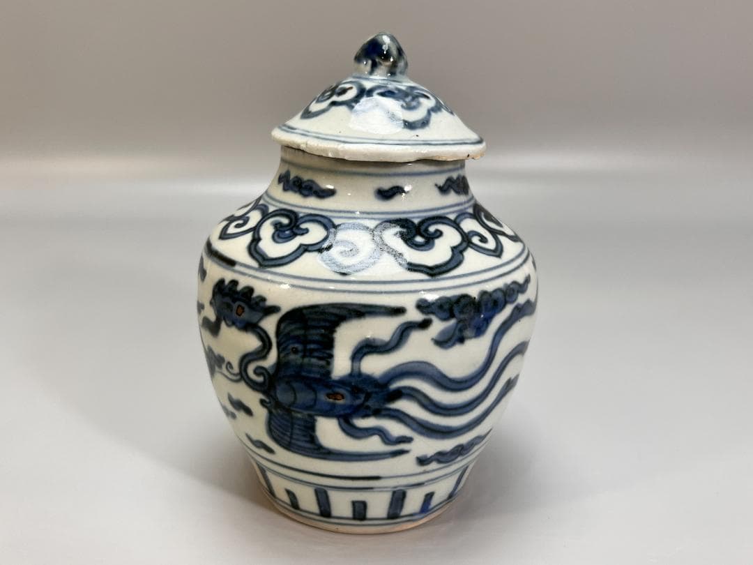中国美術 青花鳳紋蓋罐 將軍罐 高 14.5cm 明