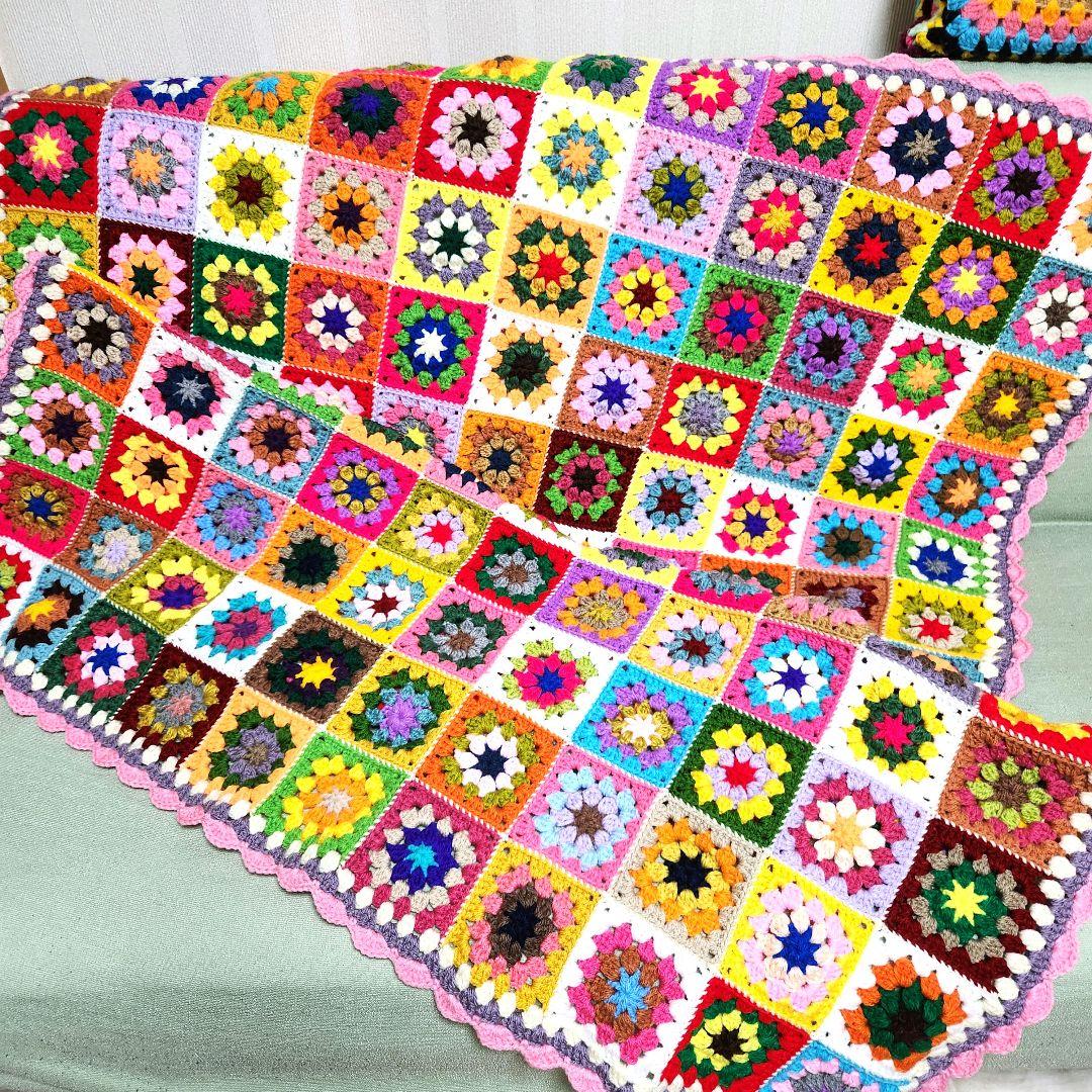 モチーフ編み【10】ハンドメイド　ブランケット　マルチカバー