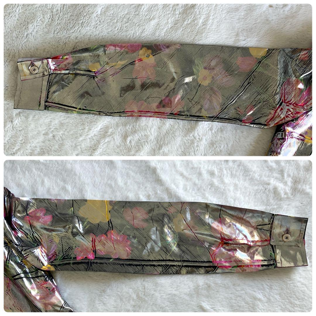 新品 グッチ 18SS シルク総花柄 ラミネート加工 長袖シャツ 38 シルバー