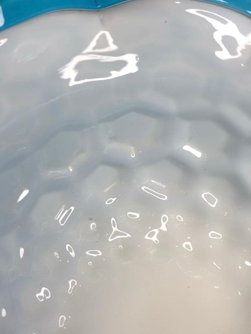 昔ガラス　アンティーク　花縁　フリル　亀甲紋様　ガラス　コンポート　ブルー