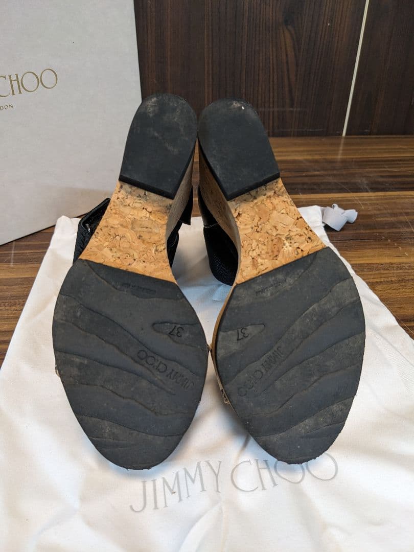 花*様 D1074　ジミーチュウ　ウェッジソール　ストラップ　調節可能　黒　ヘビ