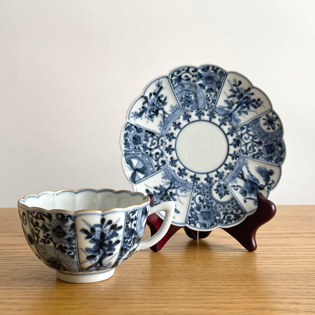 山本長左 藍九谷 菊型珈琲碗皿 樹花文 カップ＆ソーサー 染付 宮内庁御用達