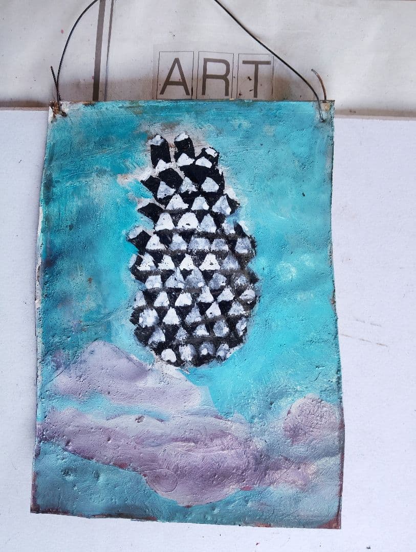 油彩画 パイナップル 青と紫の背景