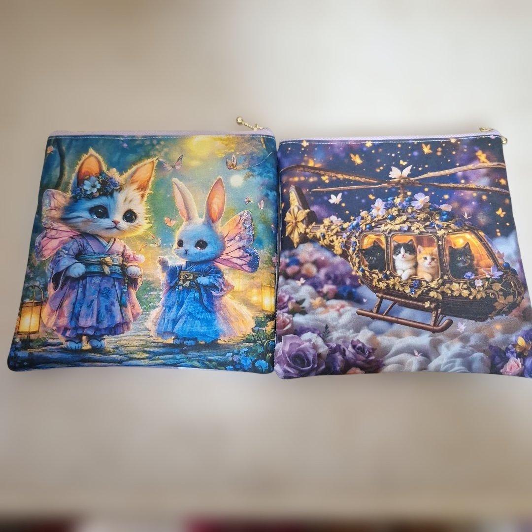 激レアねことうさぎパネル生地　ハンドメイド　ミニバック　フラットポーチ