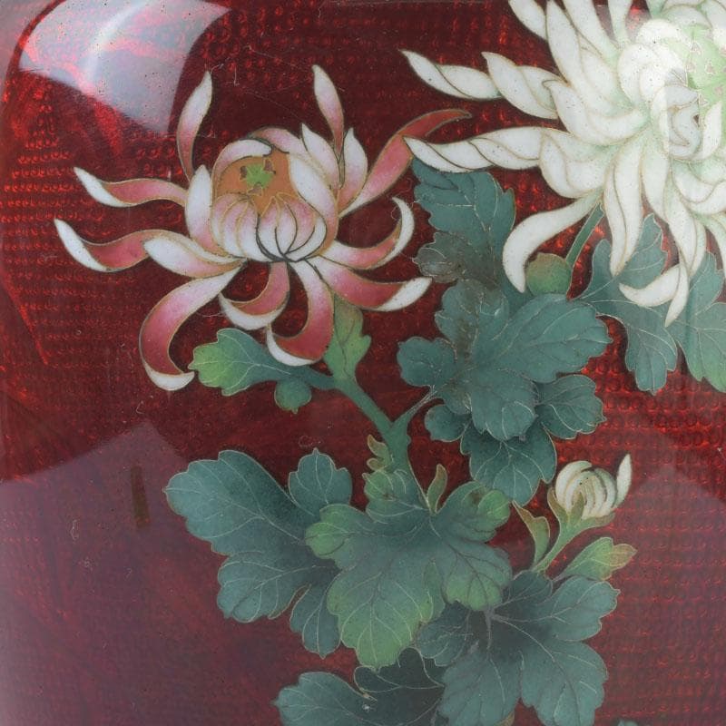 七宝焼　CLOISONNE刻印　赤透四君子文　花瓶　V　9875