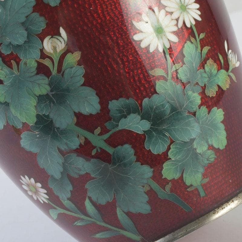 七宝焼　CLOISONNE刻印　赤透四君子文　花瓶　V　9875
