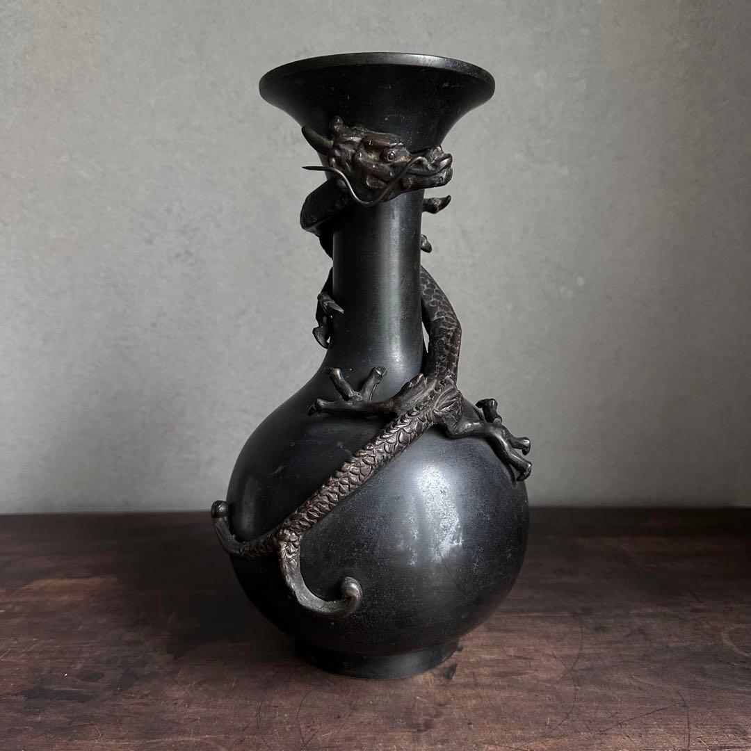【希少】　古銅　銅製　鉄龍巻　龍巻花瓶　雄峰造　花入　高岡銅器　金工美術　大