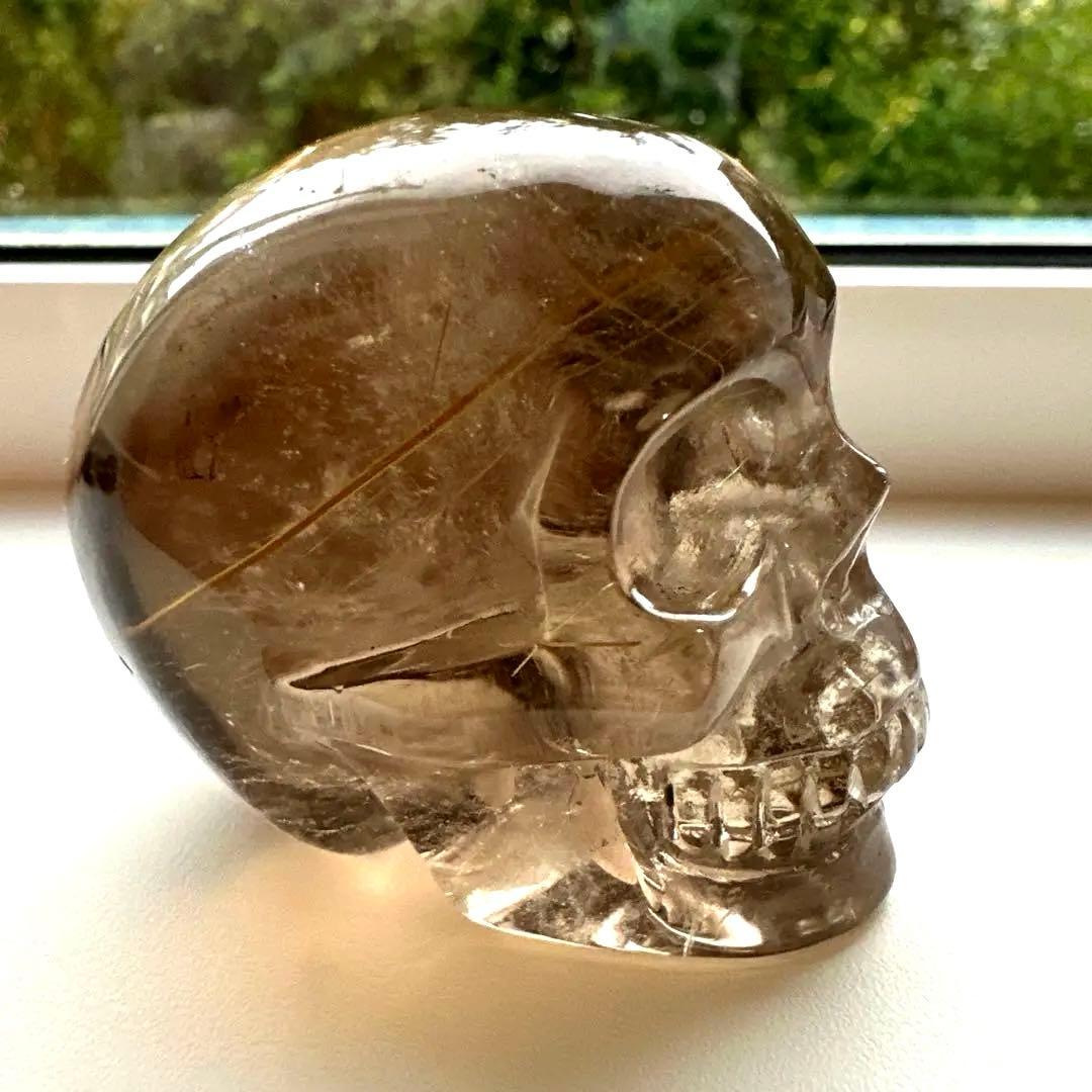 スモーキー　ルチル　スカル　146.8g ゴールデンルチル　金運