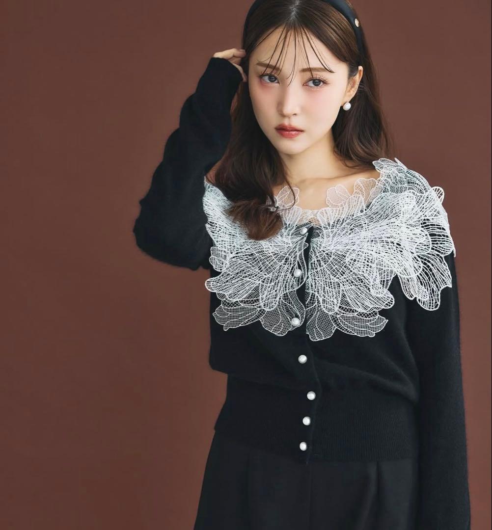 新品 poláura レースフリルカーディガン black