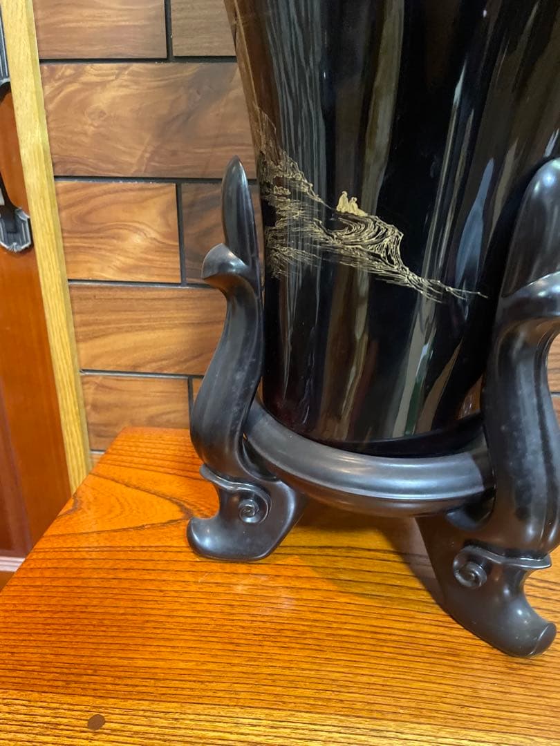 中国古玩　福建漆器 金彩画　大花瓶　台付