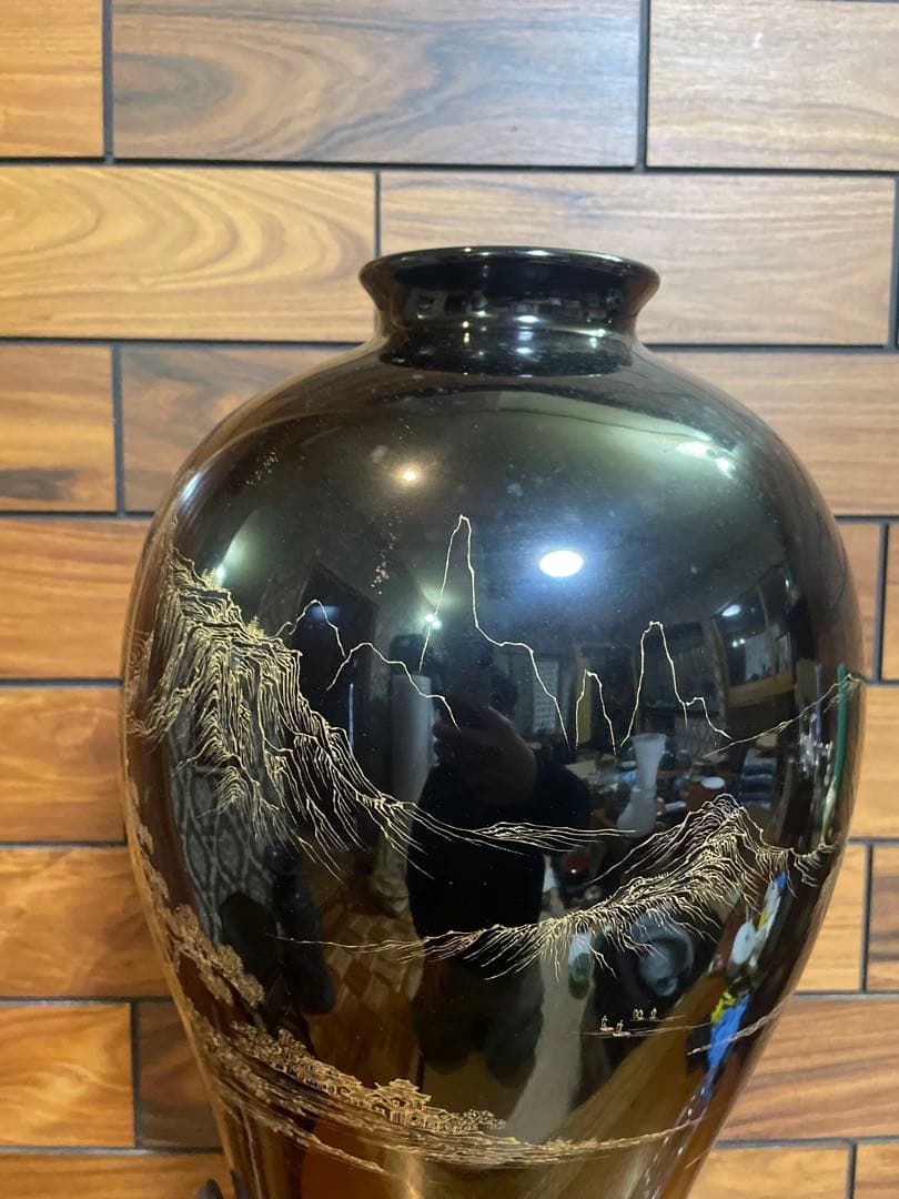 中国古玩　福建漆器 金彩画　大花瓶　台付