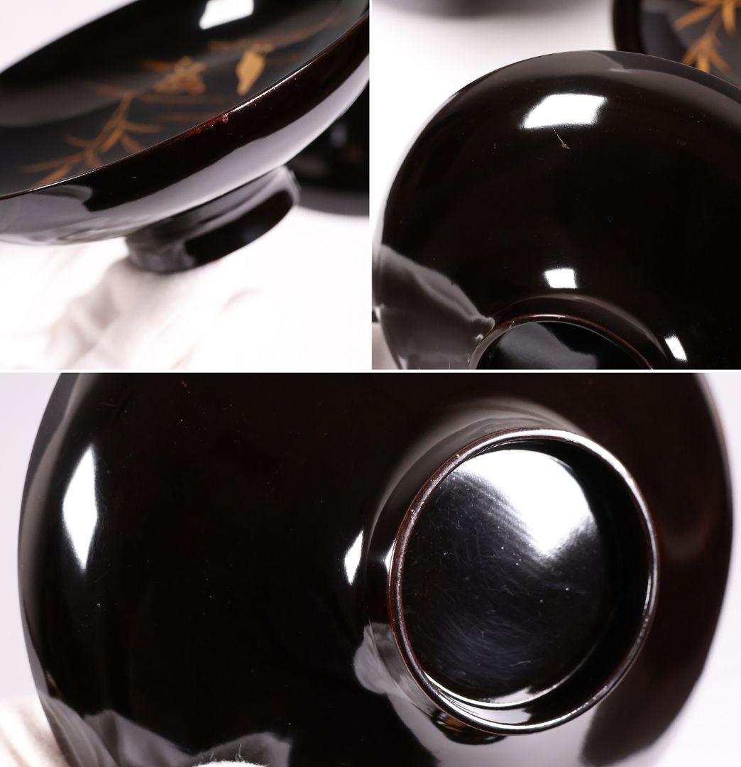 【CM354】時代蒔絵椀 竹に鶏金蒔絵 平椀五客 木製 /(検) 輪島塗加賀能登