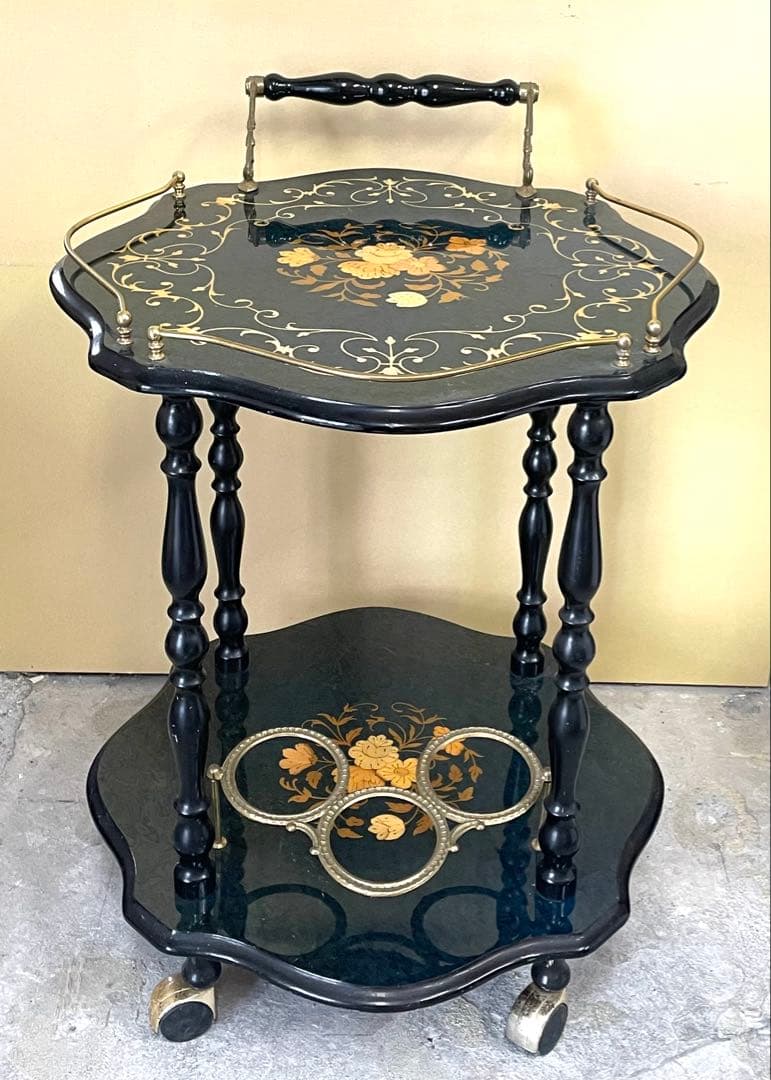 イタリー製 サービスワゴン 二段式サイドテーブル 象嵌 アンティーク