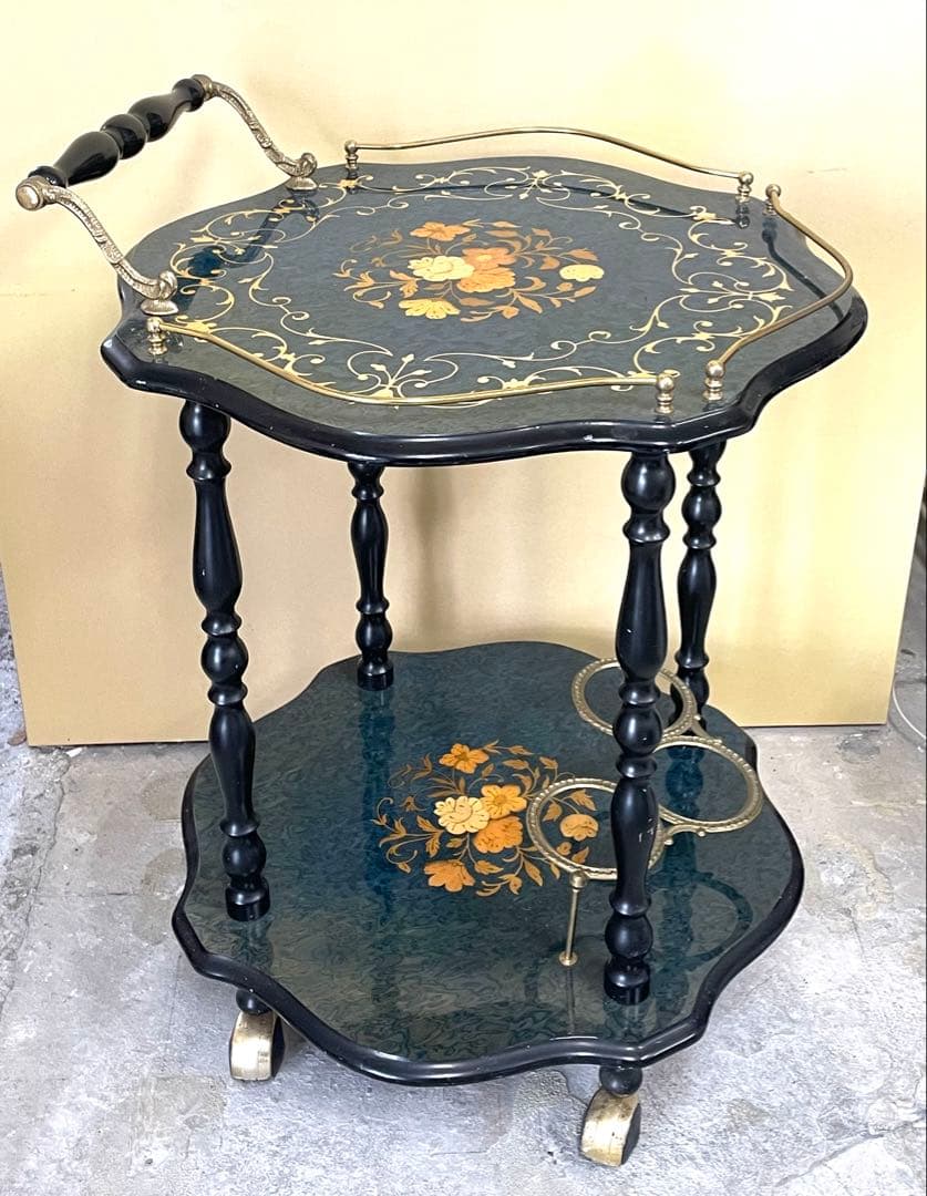 イタリー製 サービスワゴン 二段式サイドテーブル 象嵌 アンティーク