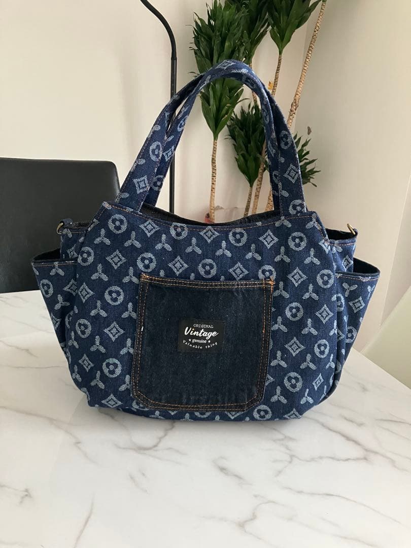 864 しま　デニムリメイクバック　ハンドメイド　4点