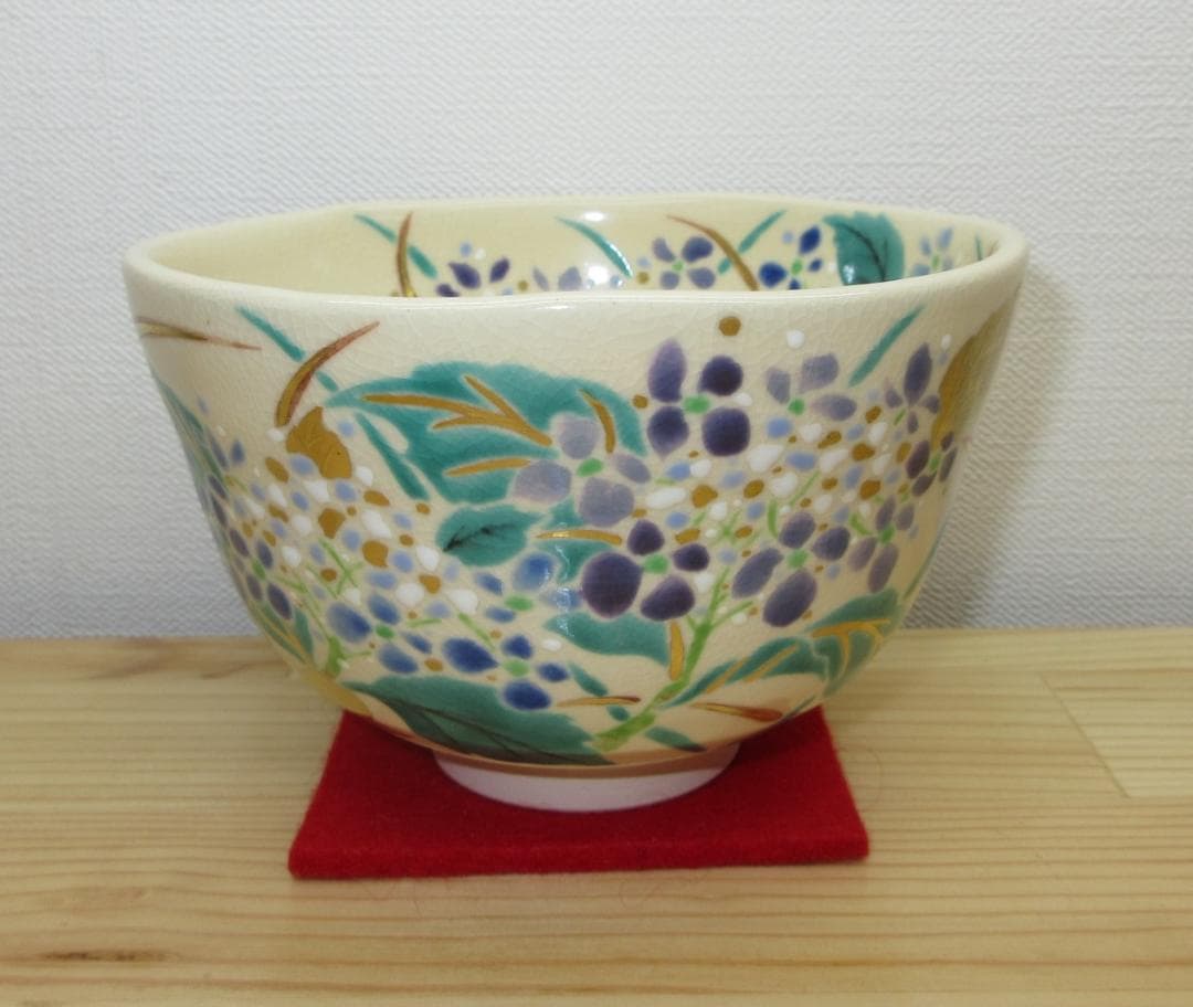 送料込【逢絢亭・新品】茶道具 茶碗 京焼 紫陽花の絵 花蝶窯 手塚石雲 共箱入り