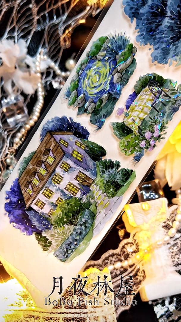 【9370】海外5m巻　貝殻光カッティングマスキングテープ夜景　小屋　装飾背景系