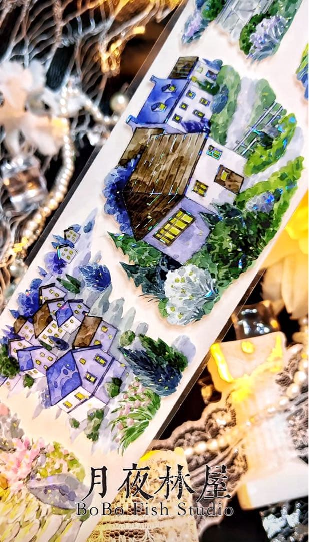 【9370】海外5m巻　貝殻光カッティングマスキングテープ夜景　小屋　装飾背景系