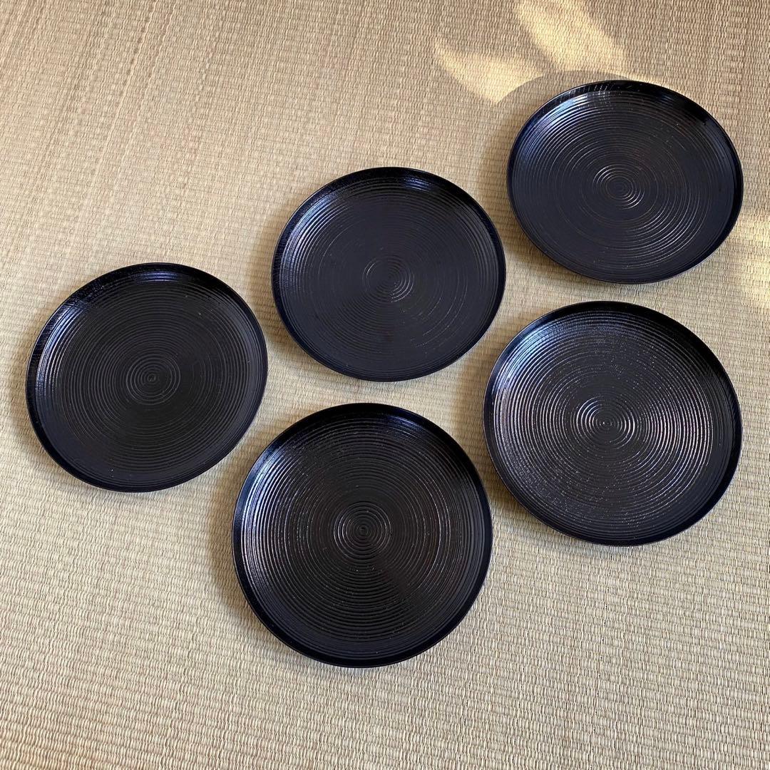 美品 輪島塗 【筋入銘々皿 5客組】菓子皿 千筋 天然木 漆塗 懐石 茶道具