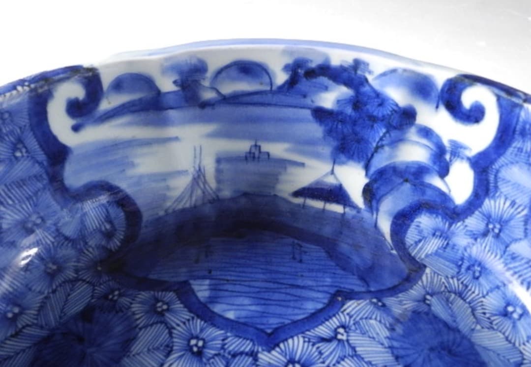 古伊万里 大鉢！江戸期 染付 山水 花草 超繊細図模様 無傷完品 江戸期