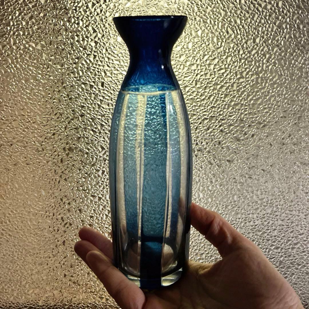 骨董　時代ガラス　希少　紺色被せ　縞　モダン切子　徳利　酒器　３点