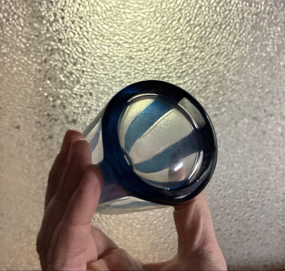 骨董　時代ガラス　希少　紺色被せ　縞　モダン切子　徳利　酒器　３点