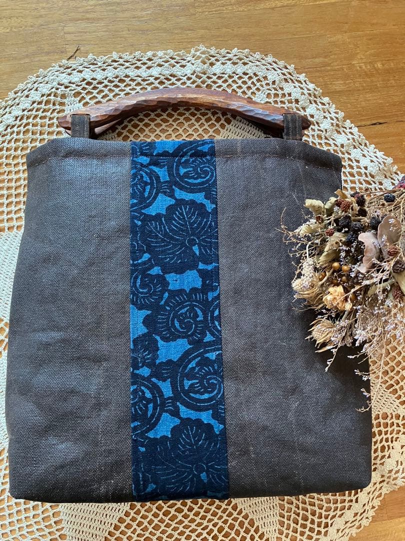 柿渋染め酒袋庄内刺し子型染め古布手彫り木製持ち手トートバッグ手作りリメイク