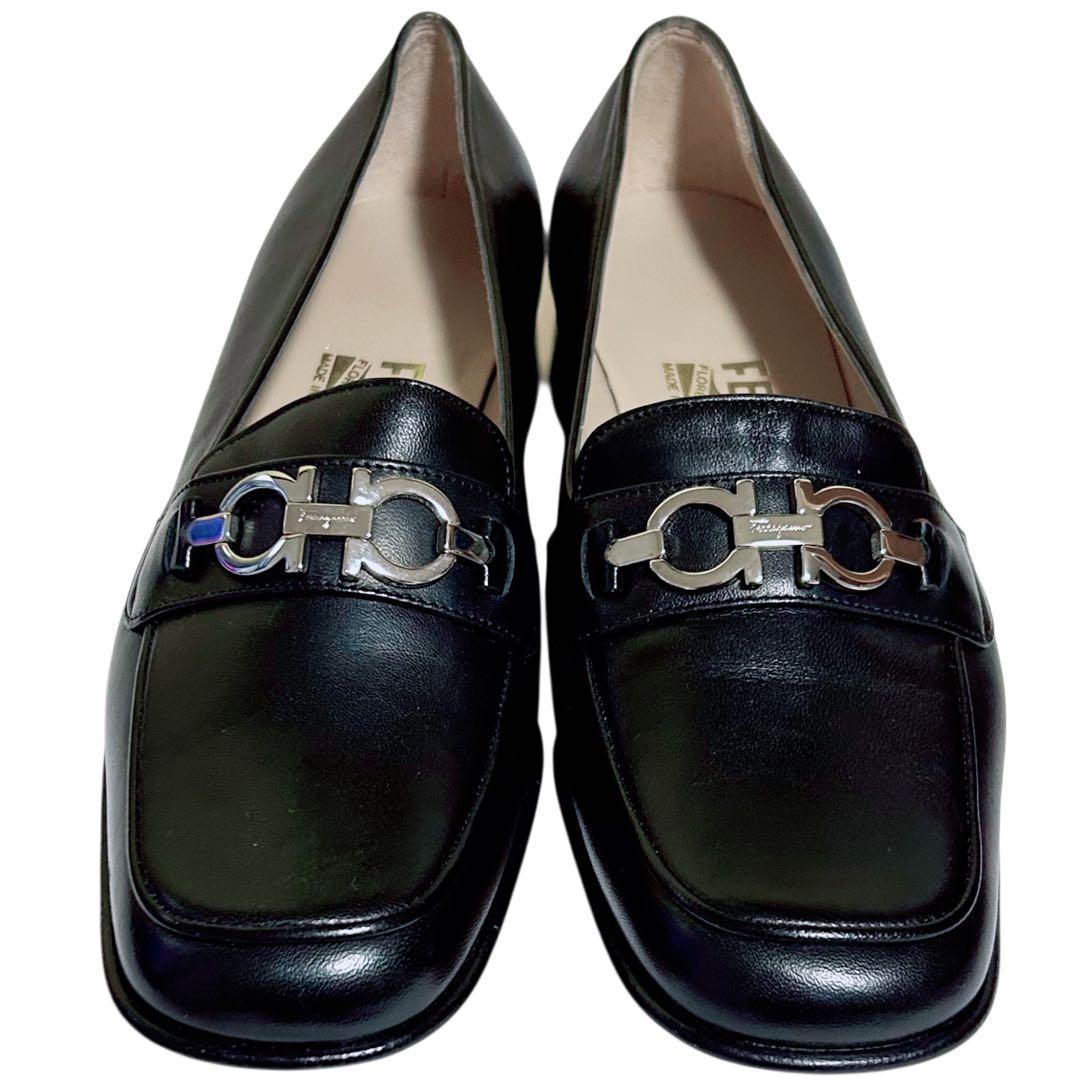 フェラガモ ガンチーニ ローファー 6.5D 23.5〜24cm 黒×シルバー