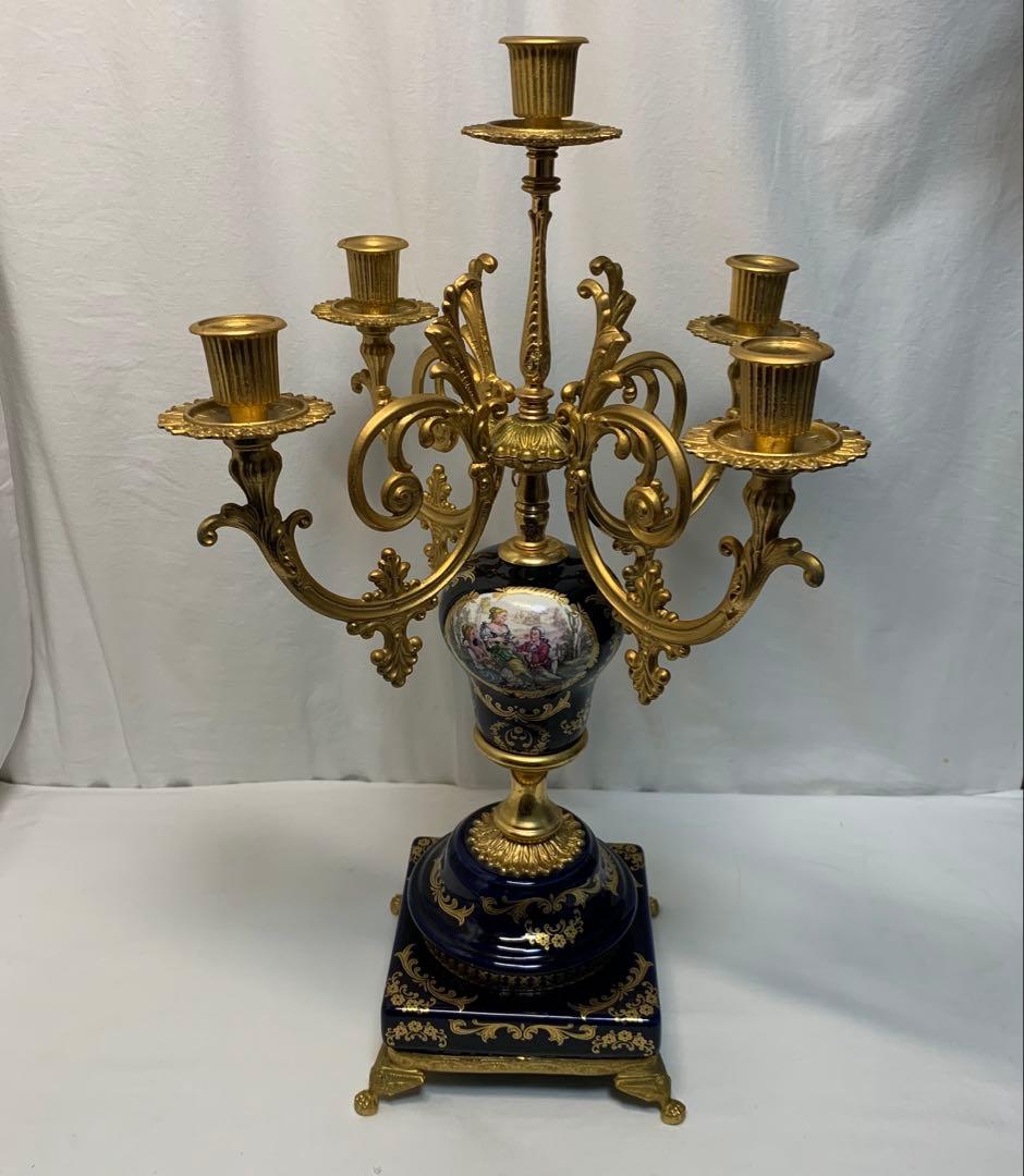 ヴィンテージ伊製コバルトブルー磁器5灯キャンドルスタンドロマンティック調美品豪華