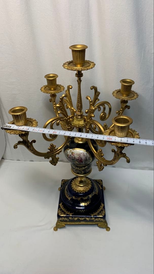 ヴィンテージ伊製コバルトブルー磁器5灯キャンドルスタンドロマンティック調美品豪華
