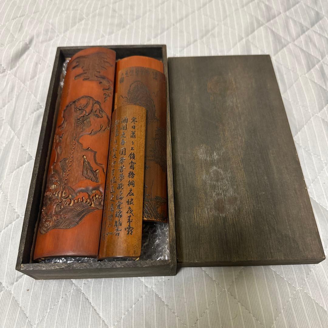 中国 日本時代物白檀念珠紫檀香筒竹彫 詩文 人物 山水 茶道具アンティークまとめ