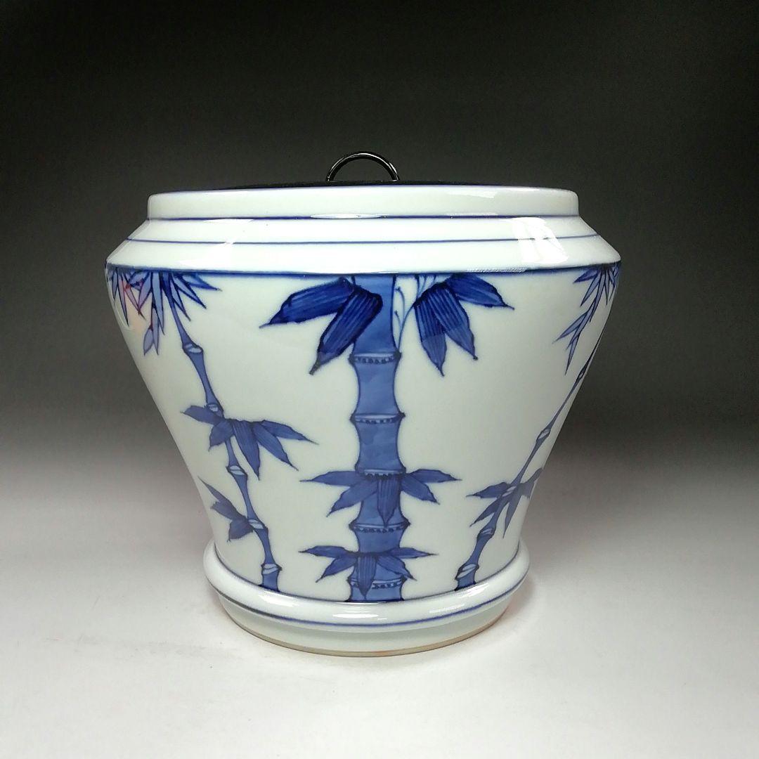 Ｓ８０４　水指　『染付　竹繪　水指』『平安　静山造』　共箱　茶道具