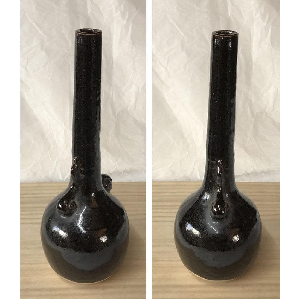 e3077 三浦竹軒 黒釉 鶴首 耳付 花入 共箱 茶道具