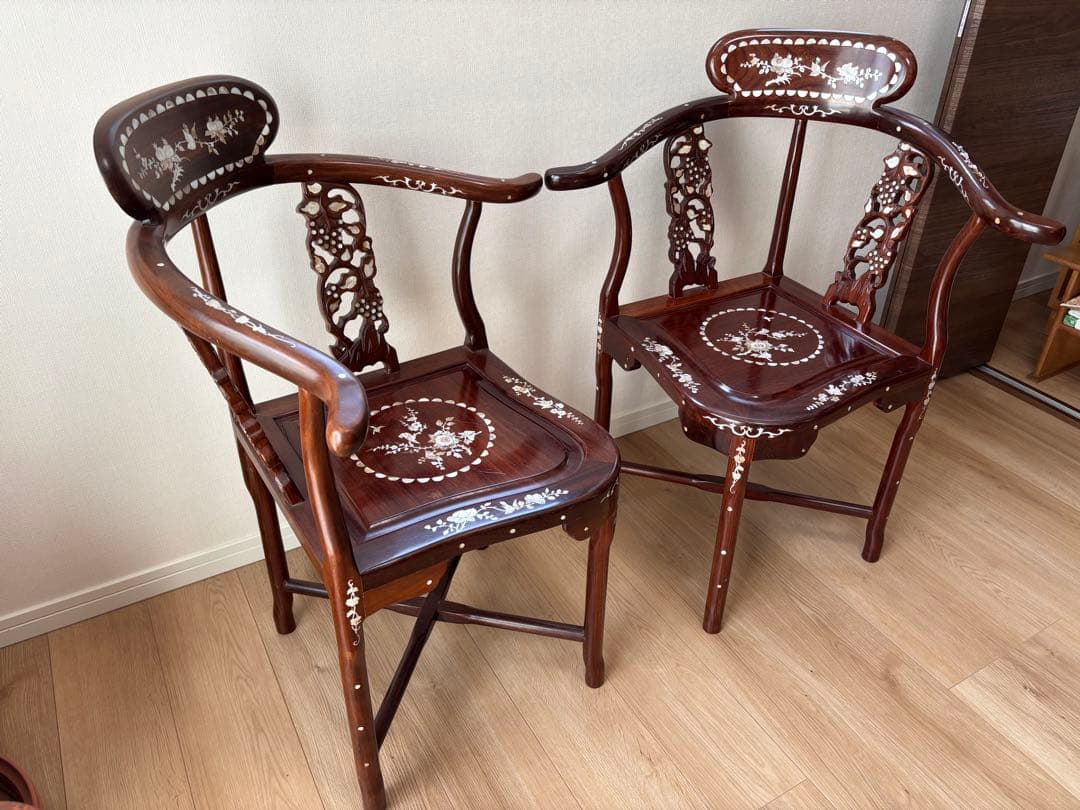 【セット②：椅子2脚組】唐木家具 螺鈿細工 チェア ※机別売