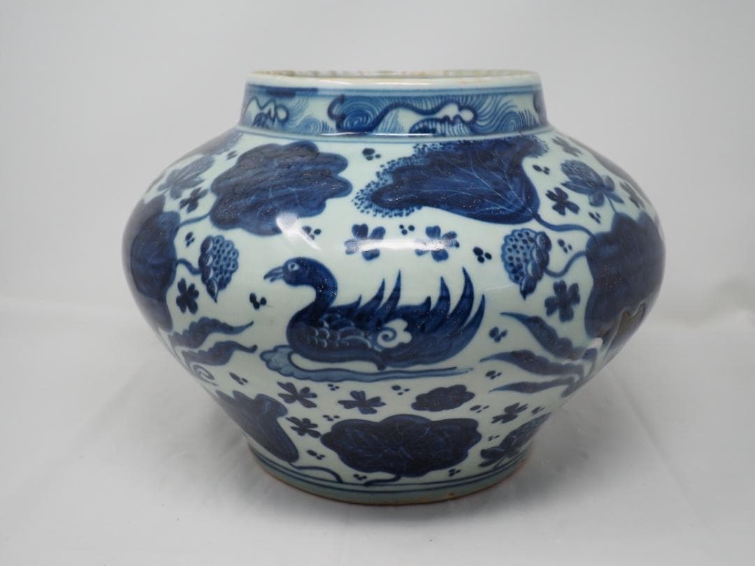 染付　青花　蓮池鴛鴦文　壺　花瓶　中国　-SO