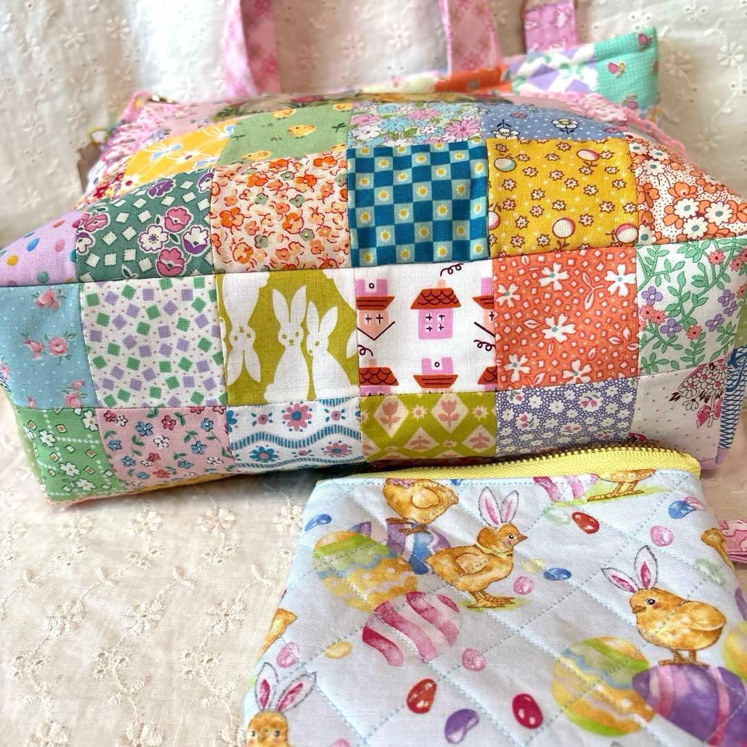 サーティーズ復刻版パッチワークトートバッグ ショルダー紐、ミニポーチ付き