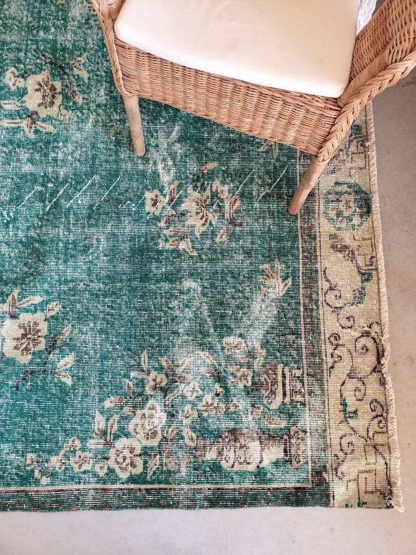 超大判/エメラルドグリーンのシノワズリラグ　トリコヴィンテージラグ　No586