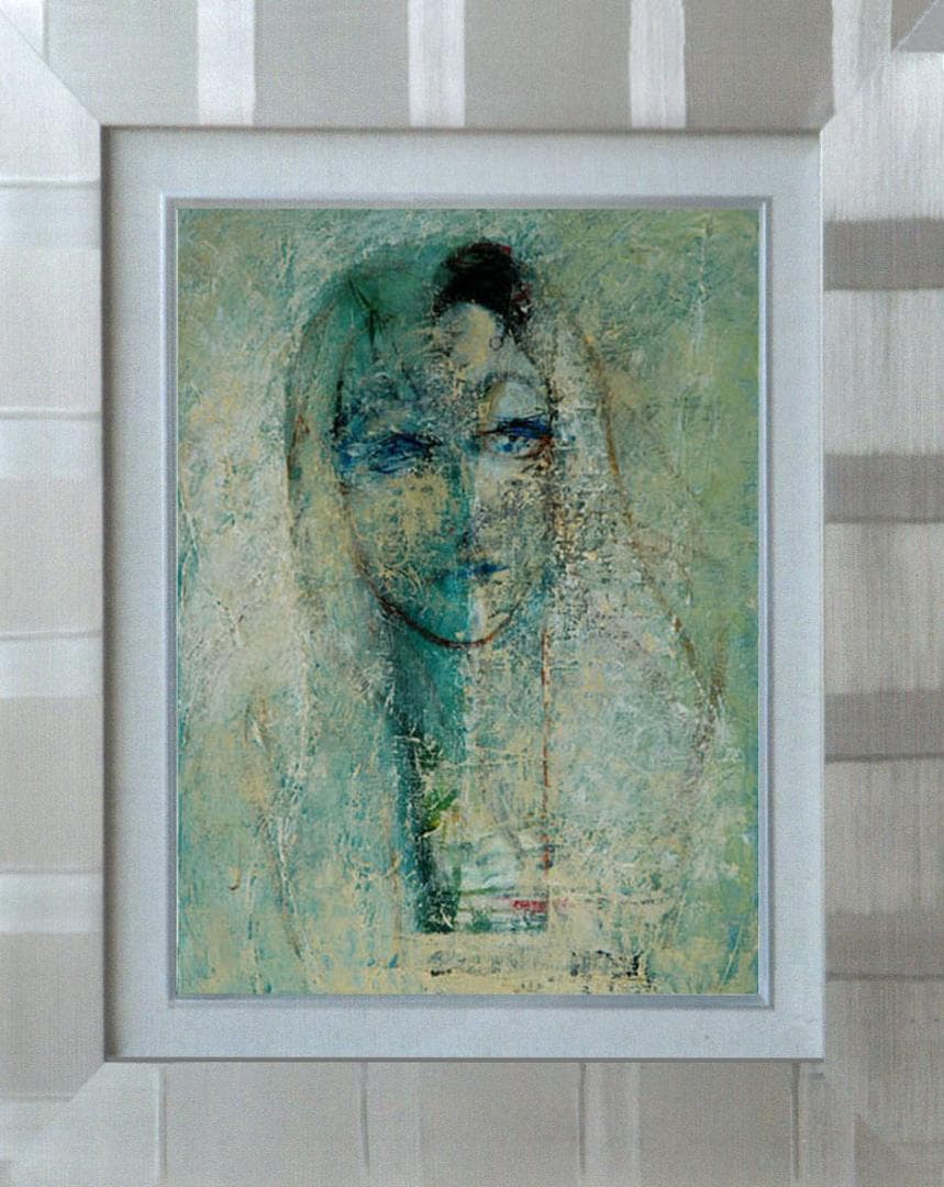 油絵 菅家令子 絵 絵画インテリア額付(青緑＋金色の枠)F4-070112 女性