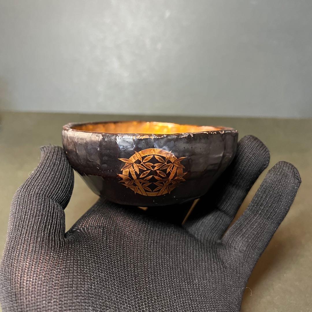 江戸期 木製 金蒔絵 笹丸紋 道中盃◎提げ環付 刳貫き 時代漆器◎古美術庵々