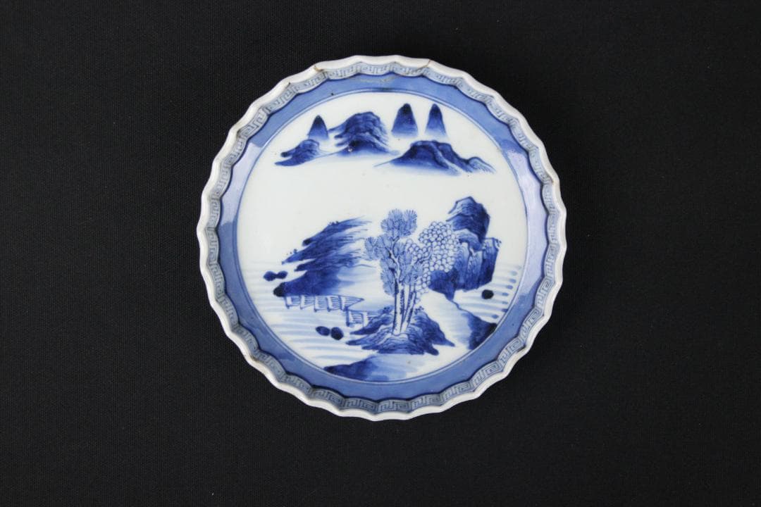 古伊万里 染付 山水 五枚 菓子皿 風景絵 江戸明治期 補修済み Eo21-7