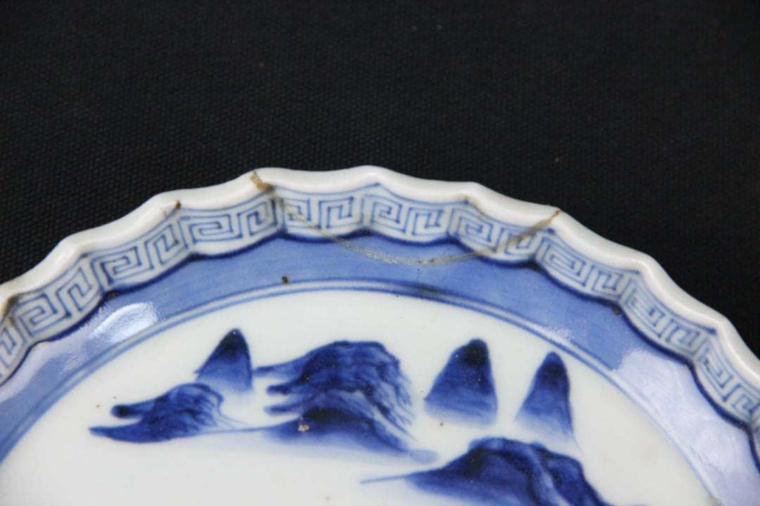 古伊万里 染付 山水 五枚 菓子皿 風景絵 江戸明治期 補修済み Eo21-7