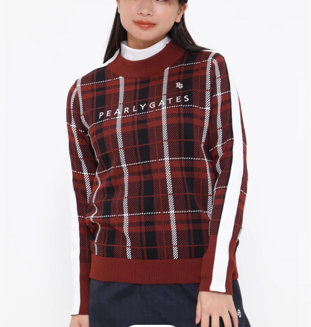 新品　パーリーゲイツ　ニット　セーター　モックネック　春　チェック　ブラウン　1