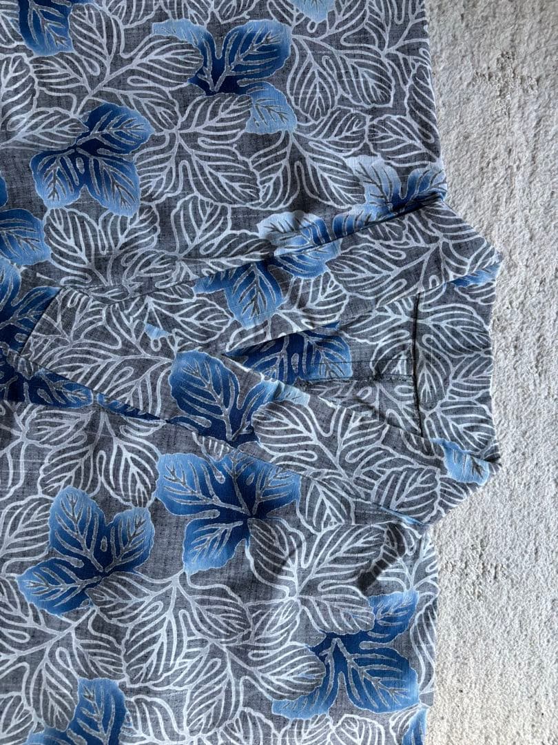 青い葉柄の浴衣　竺仙　綿紬　注染