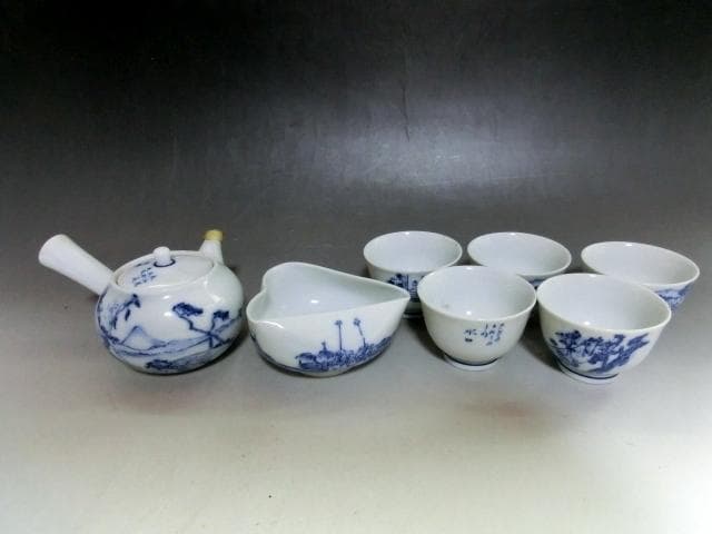 煎茶器セット■染付絵変わり煎茶道具 東海道五十三次 横手急須 煎茶碗 湯冷まし■