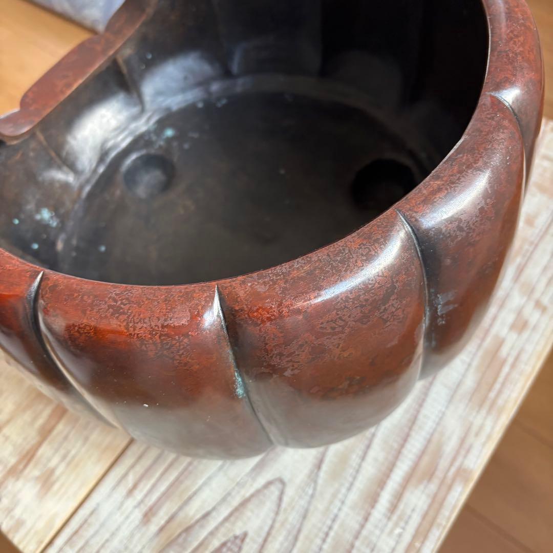 斑紫銅製 阿古陀形三足風櫨 瓶掛 面取風炉 天下一瑞彫人 茶道 茶道具 古道具