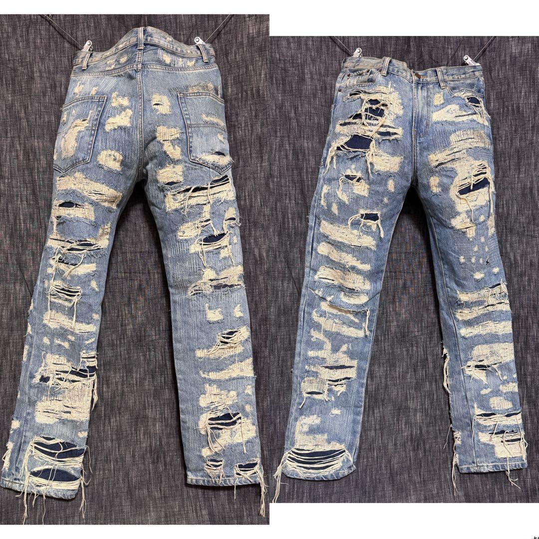 ブランド不明 ハードダメージ加工デニム　ジーンズ インディゴ　デストロイ　YKK