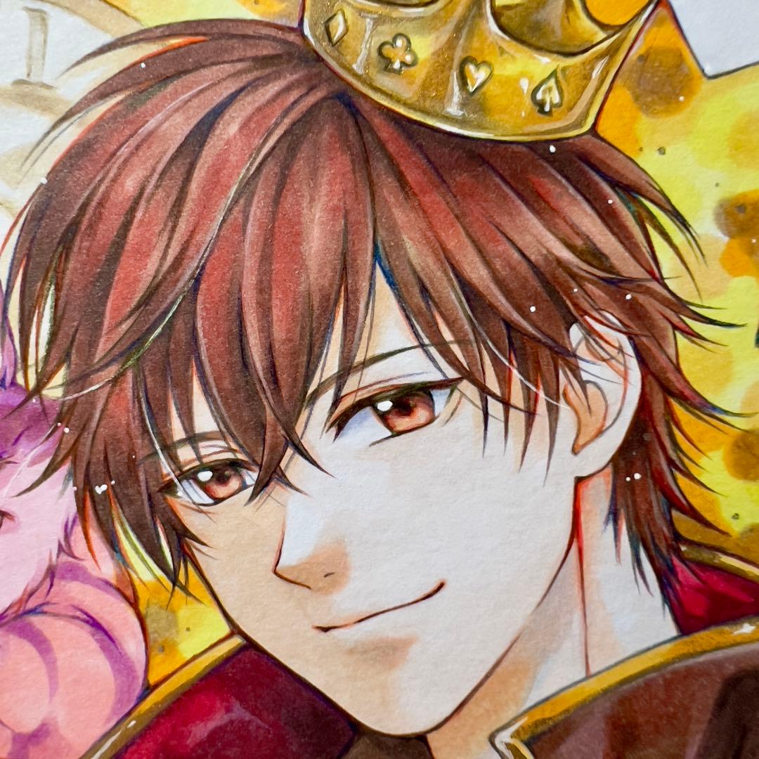 し*こ様 不思議の国のキング ＊時を操る青年とチェシャ猫 ＊手描きイラスト＊色紙