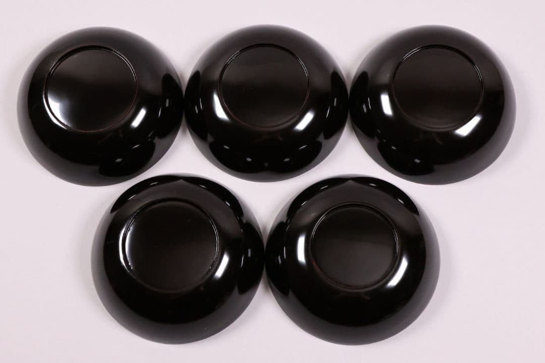 【CM232】古い木皿 五客 梅 金蒔絵 黒塗 小皿 菓子皿 木製漆器 大正昭和