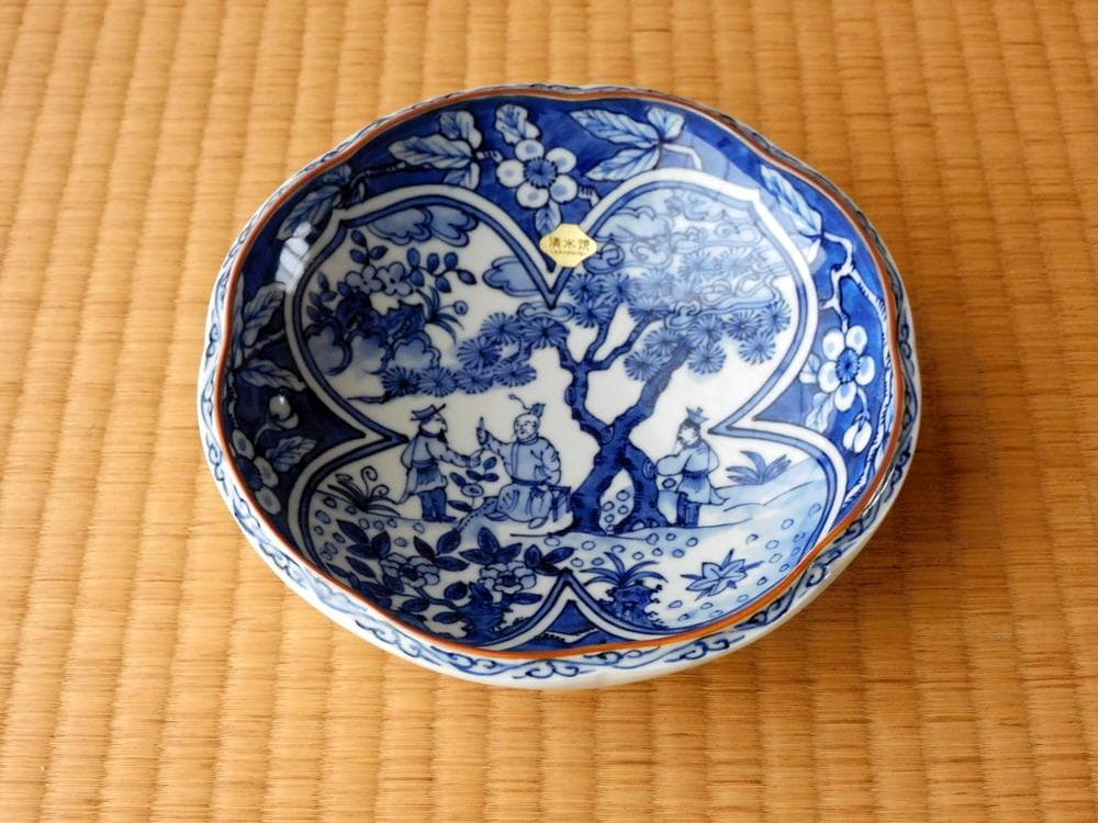 平安秀峰　清水焼　染付　菓子鉢　文人画