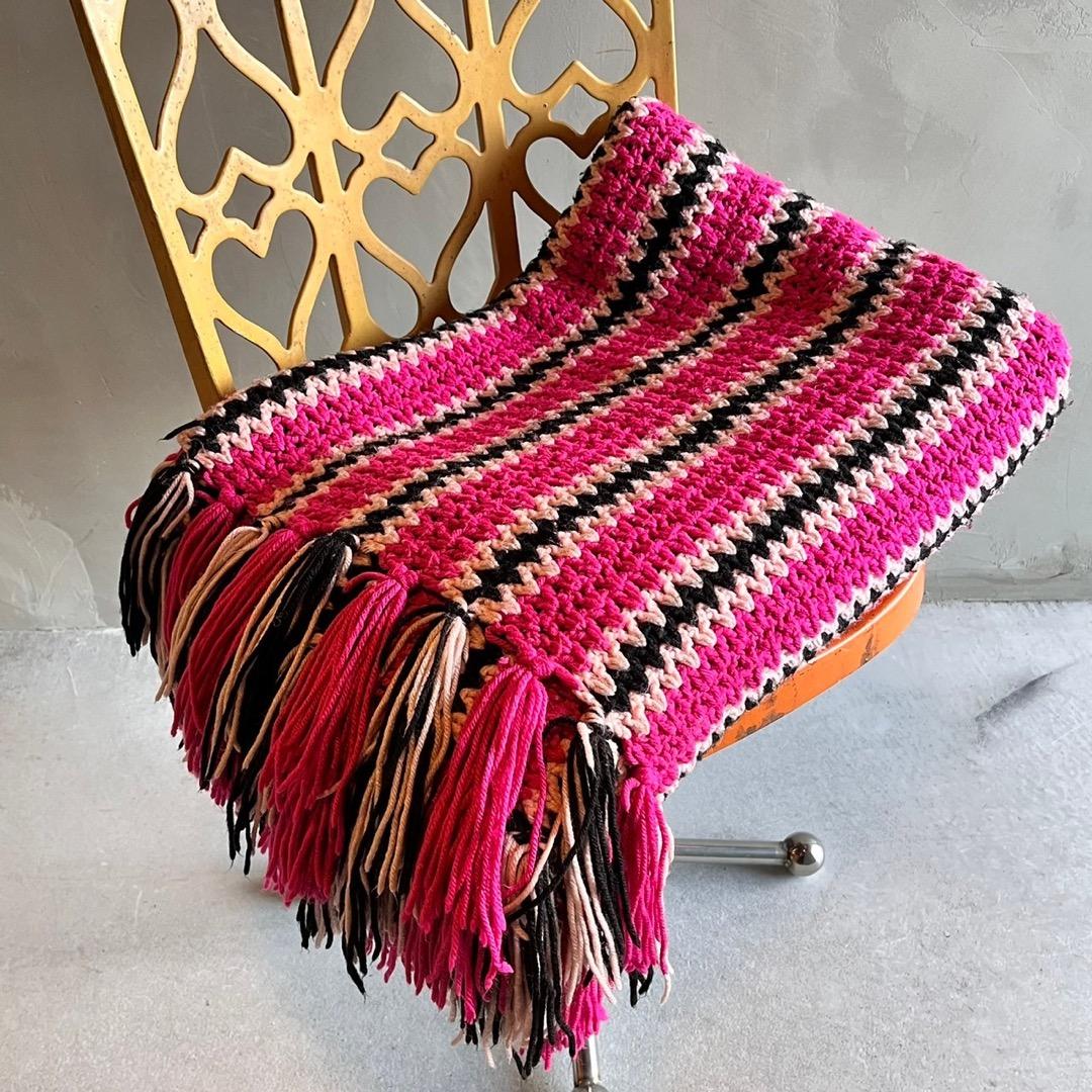 【USA vintage】グラニーブランケット　ピンク×黒　ストライプ